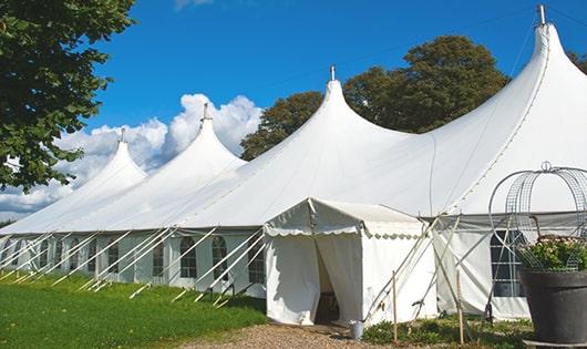 a line of sleek and modern portable restrooms ready for use at an upscale corporate event in Hillsborough, NJ